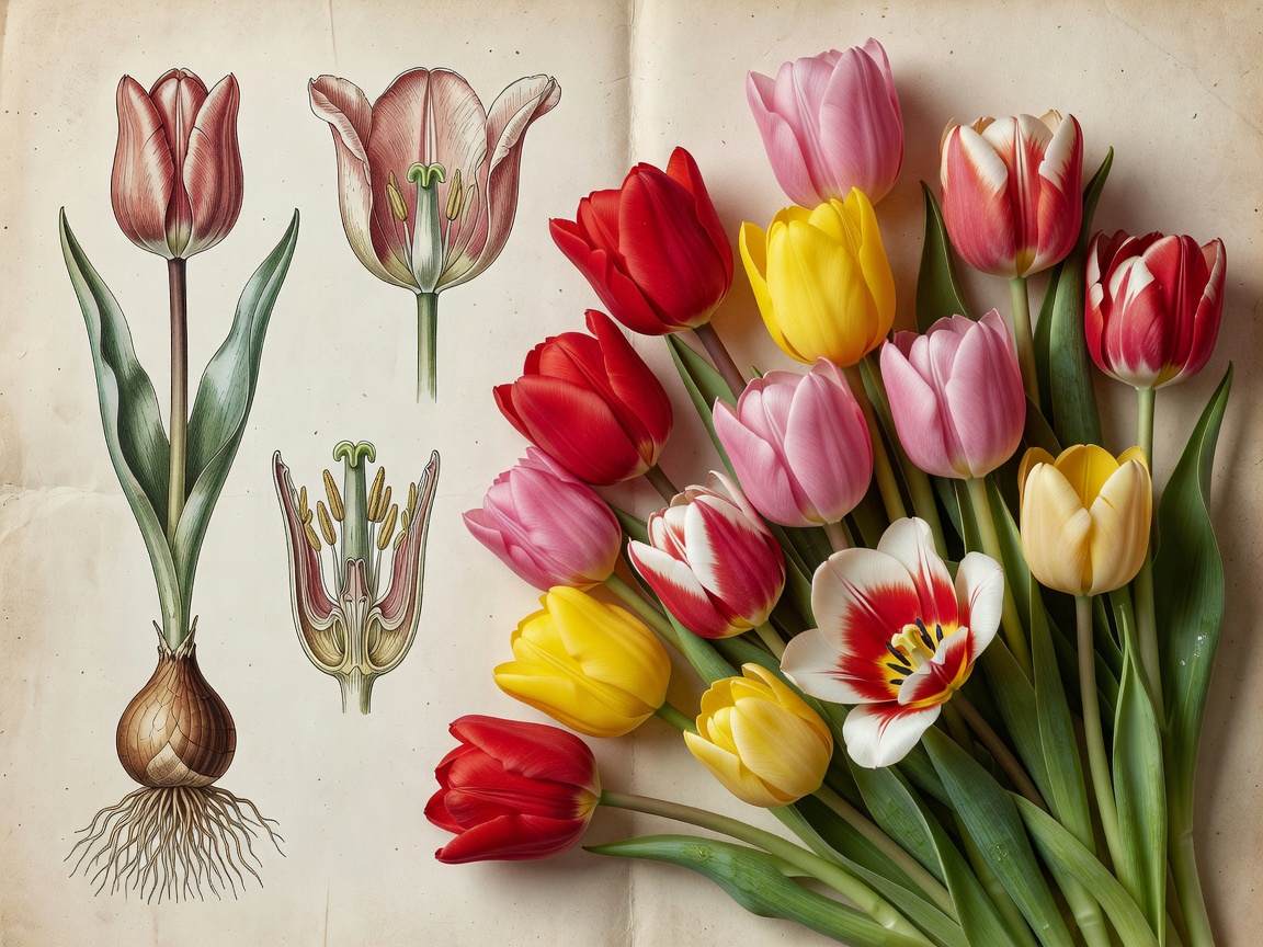 Botanical illustration and fresh cut tulips representing Dutch horticultural history