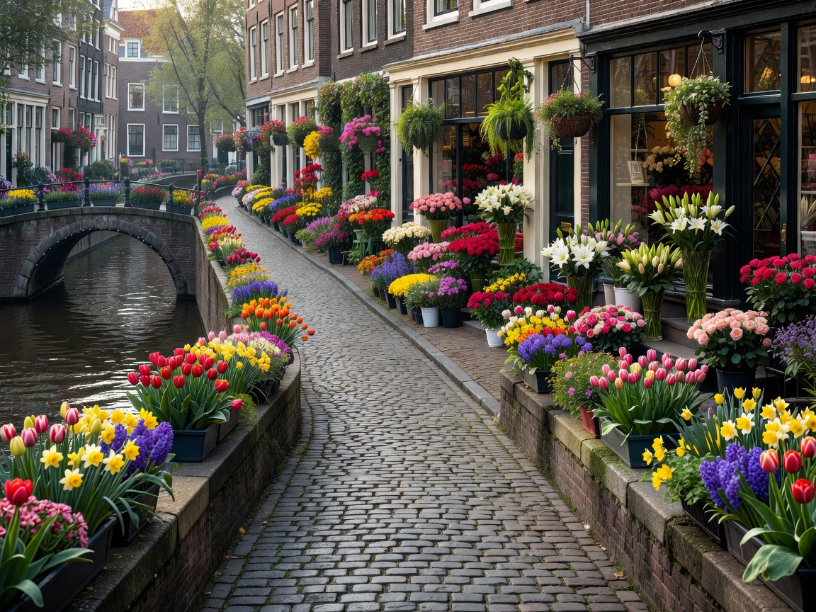 Canal-side stone bridge leading through Amsterdam floral lanes and florist store fronts