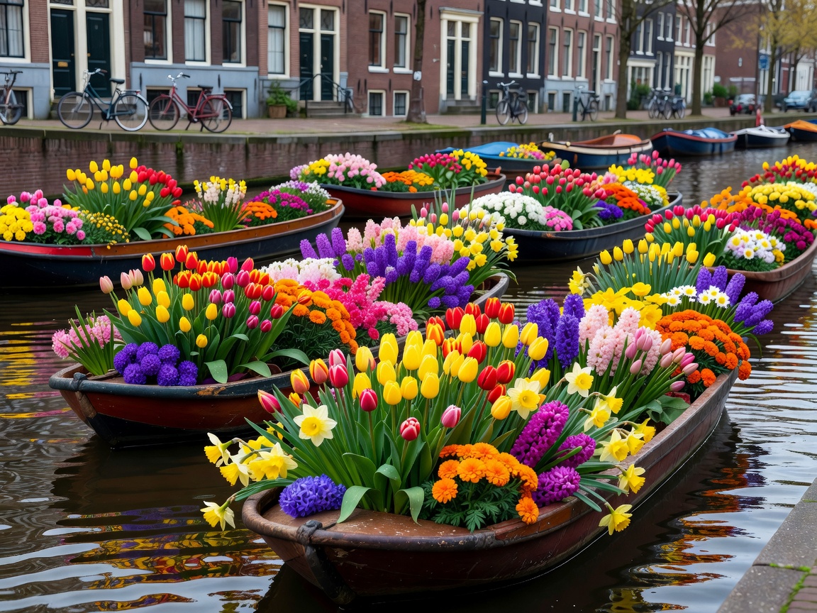Colourful floral displays along the floating barges of the Singel canal in Amsterdam