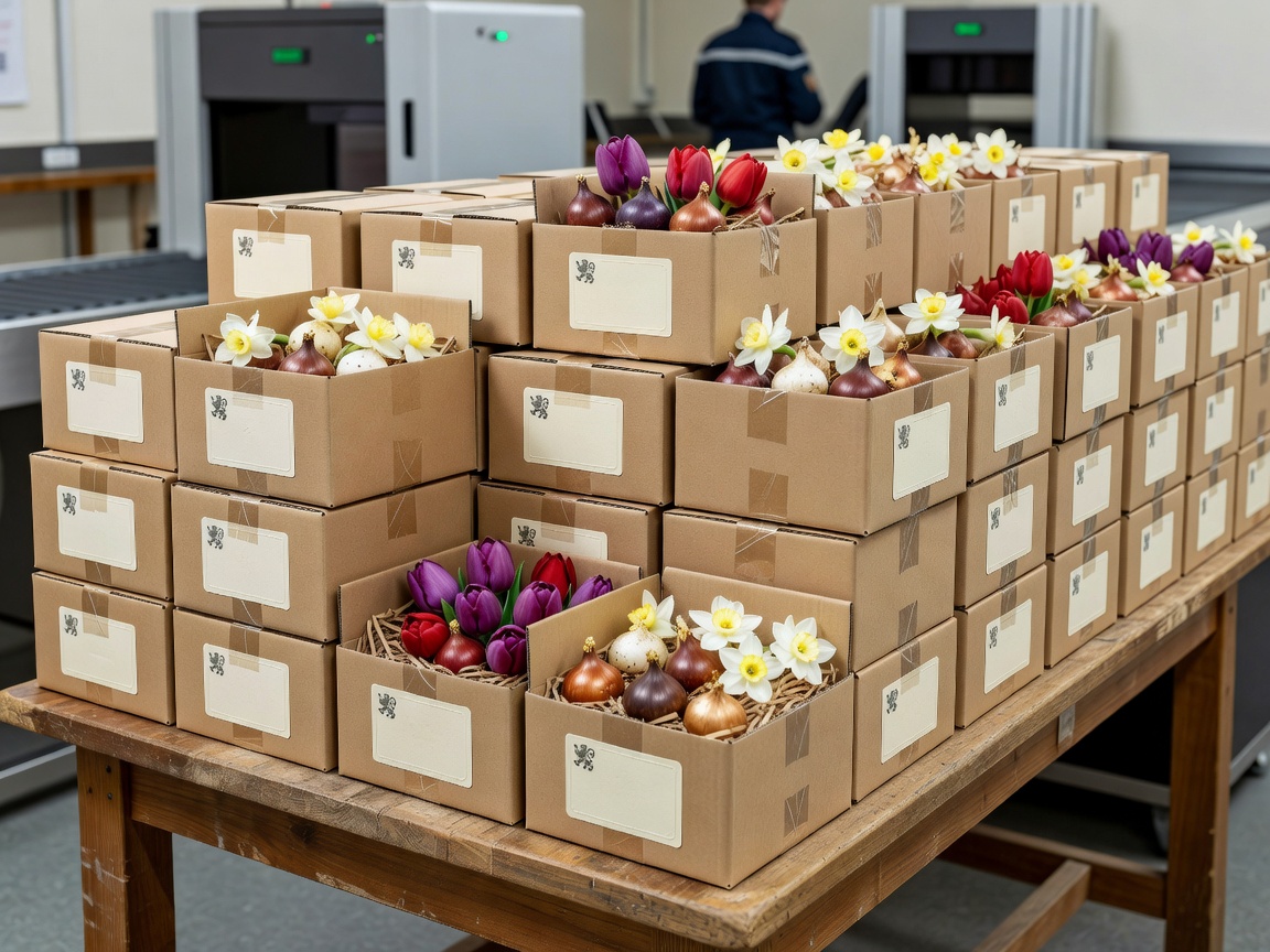 Packaged certified Dutch flower bulbs ready for international traveller customs clearance