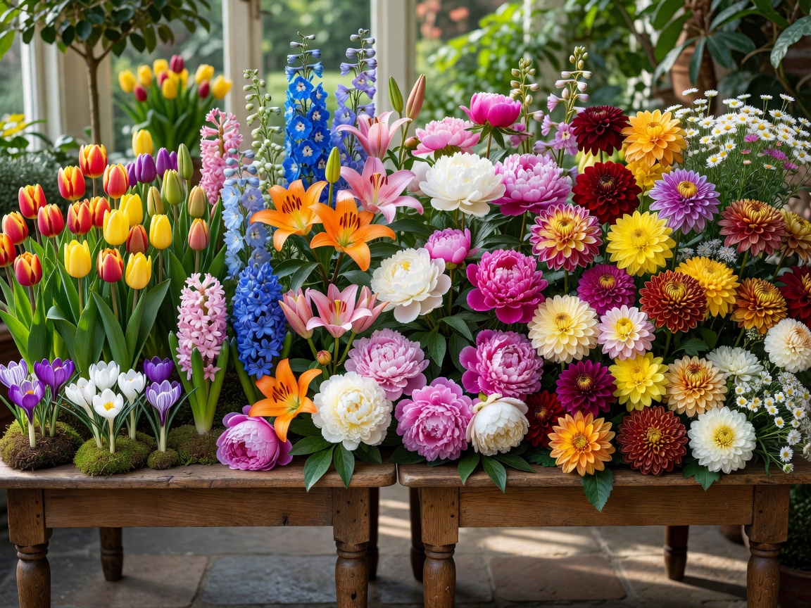 Seasonal variety of Dutch flowers arranged chronologically from spring tulips to autumn dahlias